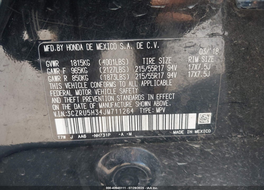 2018 HONDA HR-V VIN: 3CZRU5H34JM711264