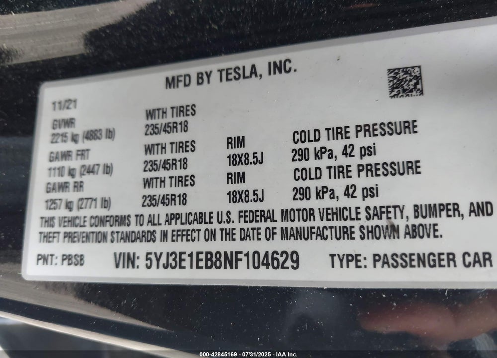 2022 TESLA MODEL 3 LONG RANGE DUAL MOTOR ALL-WHEEL DRIVE VIN: 5YJ3E1EB8NF104629
