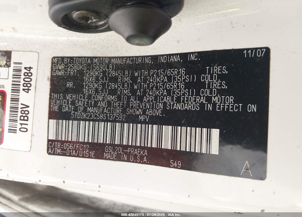 2008 TOYOTA SIENNA LE VIN: 5TDZK23C58S137592