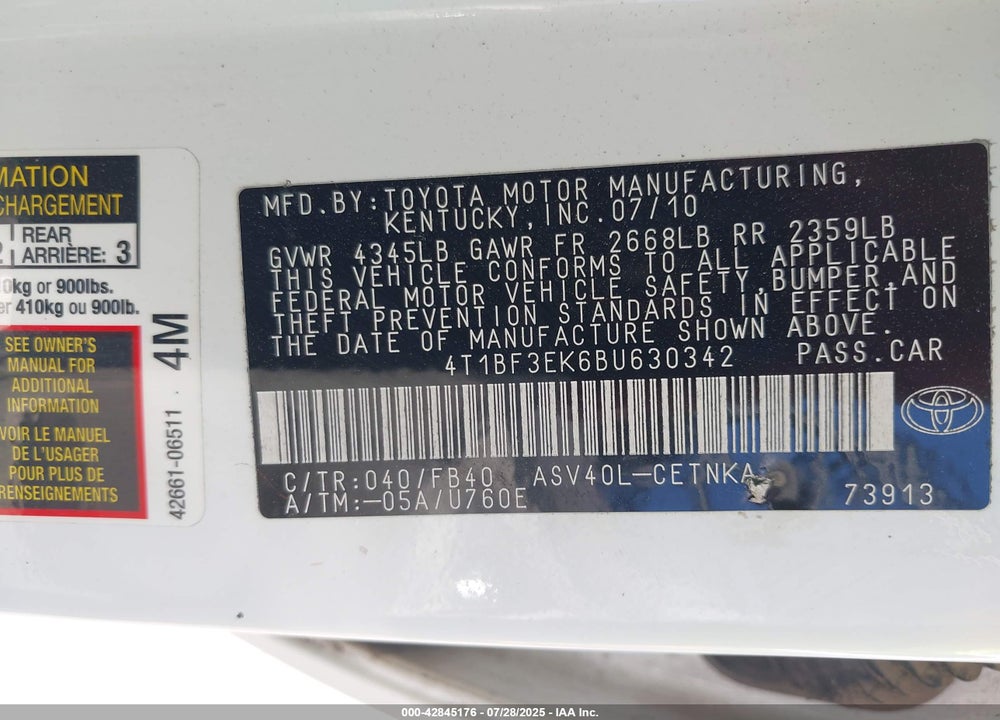 2011 TOYOTA CAMRY VIN: 4T1BF3EK6BU630342