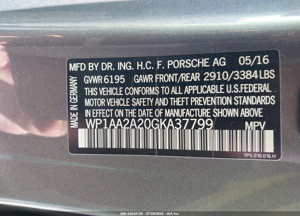 2016 PORSCHE CAYENNE VIN: WP1AA2A20GKA37799