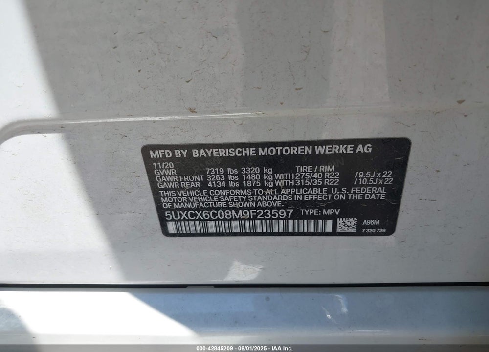 2021 BMW X7 VIN: 5UXCX6C08M9F23597