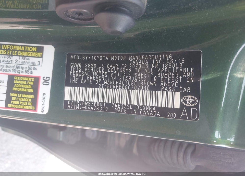 2016 TOYOTA COROLLA VIN: 2T1BURHE6GC702910