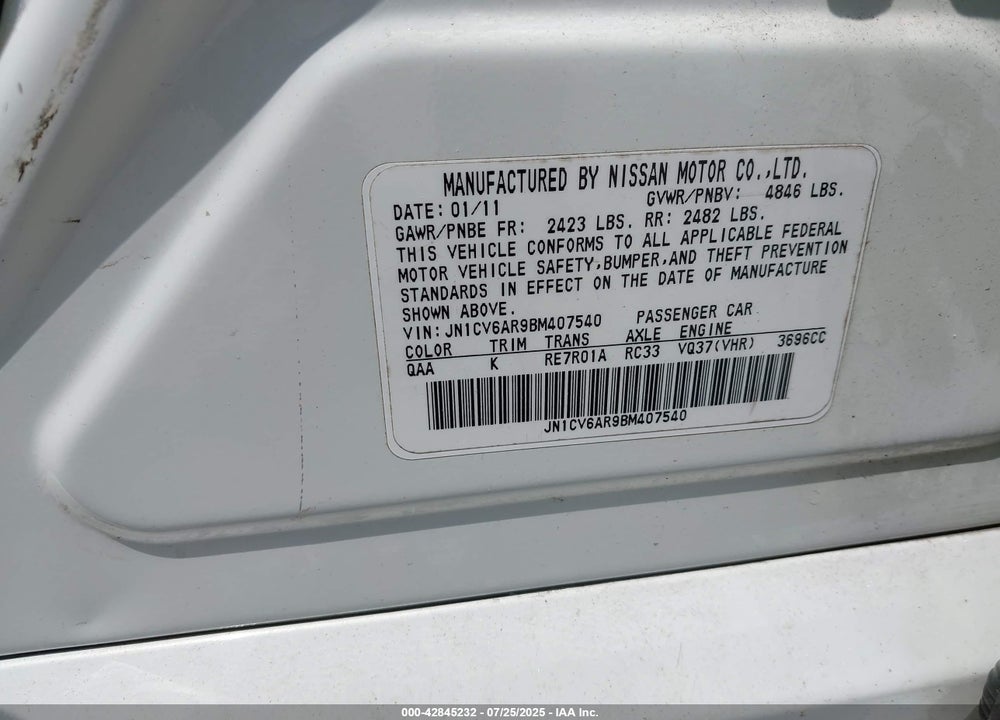 2011 INFINITI G37 VIN: JN1CV6AR9BM407540