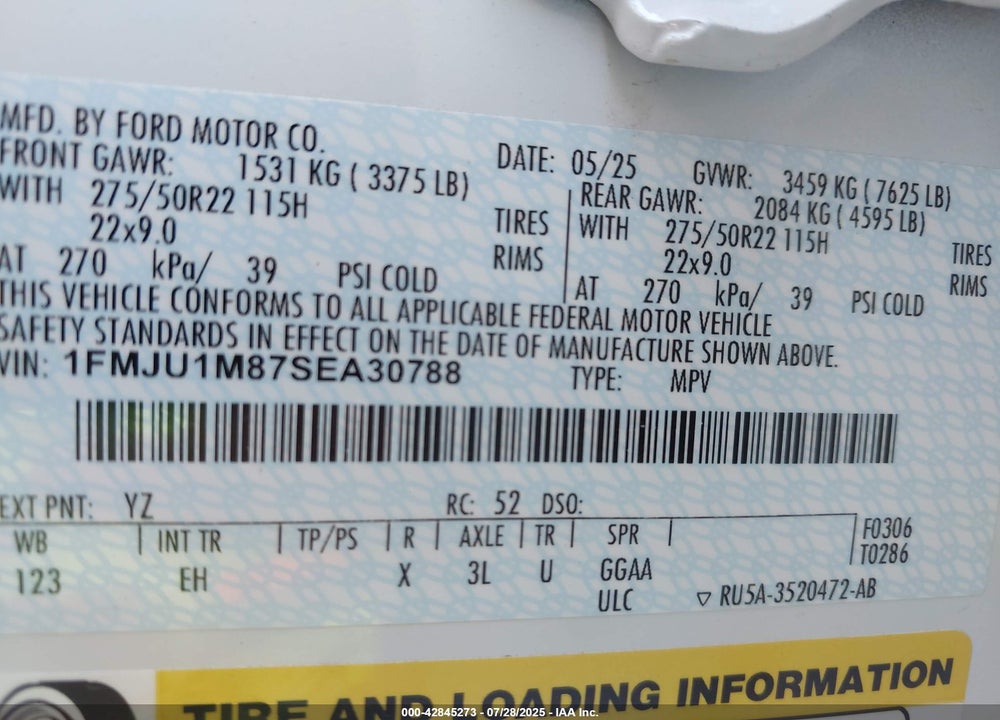 2025 FORD EXPEDITION PLATINUM VIN: 1FMJU1M87SEA30788
