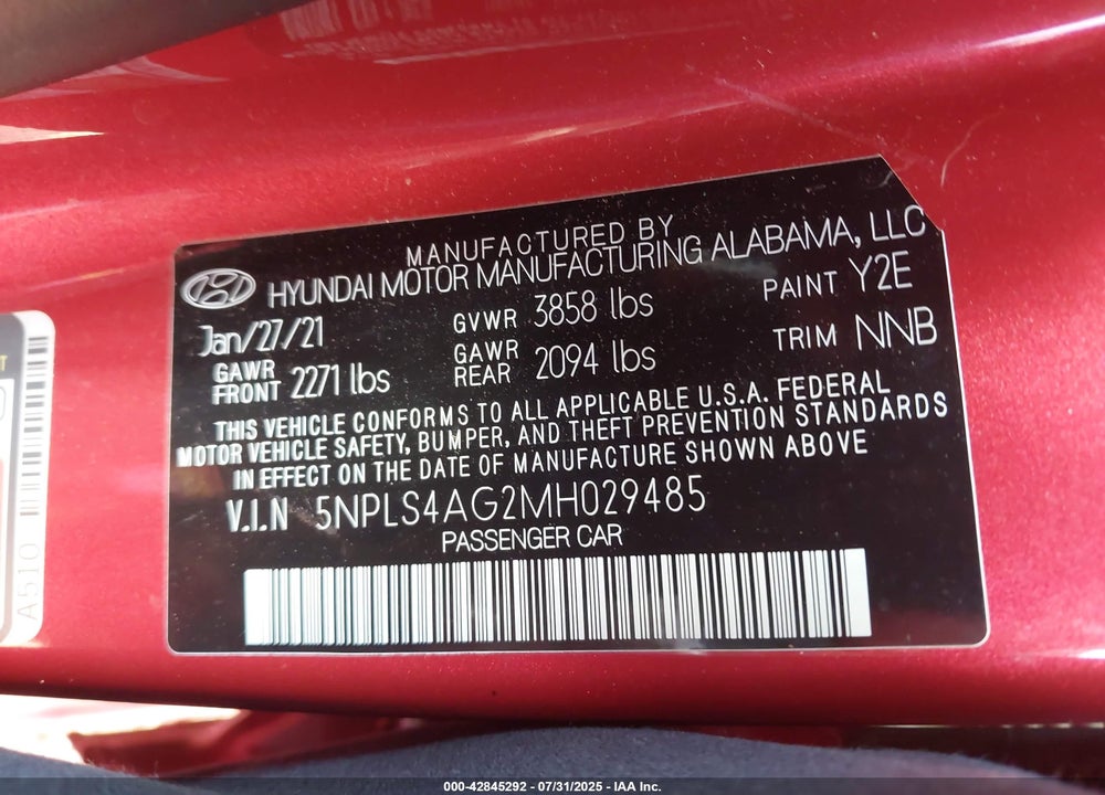 2021 HYUNDAI ELANTRA SEL VIN: 5NPLS4AG2MH029485