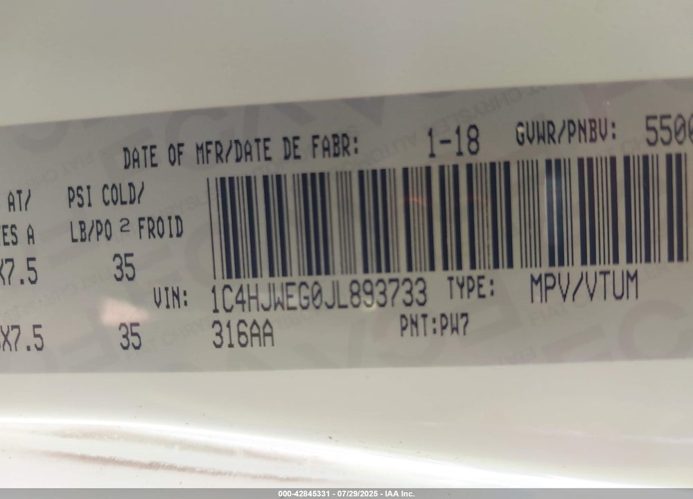 2018 JEEP WRANGLER UNLIMITED VIN: 1C4HJWEG0JL893733