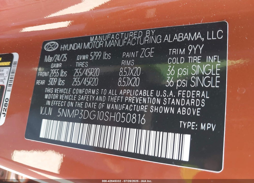 2025 HYUNDAI SANTA FE HYBRID VIN: 5NMP3DG10SH050816