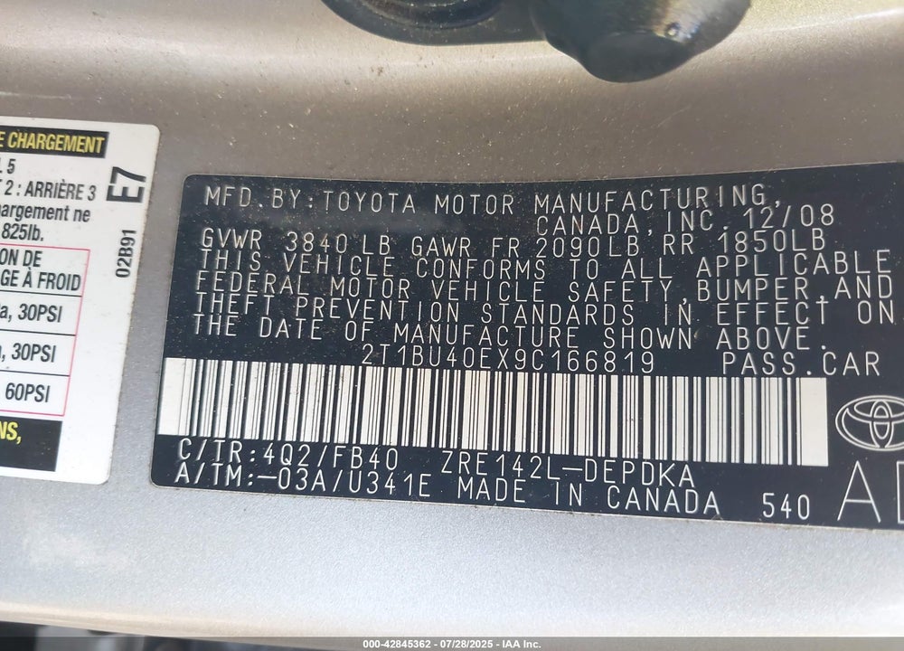 2009 TOYOTA COROLLA VIN: 2T1BU40EX9C166819