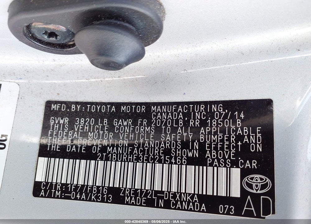 2014 TOYOTA COROLLA LE VIN: 2T1BURHE3EC215466