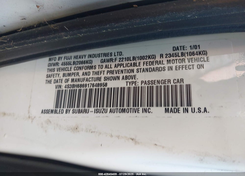 2001 SUBARU OUTBACK VIN: 4S3BH686917648958