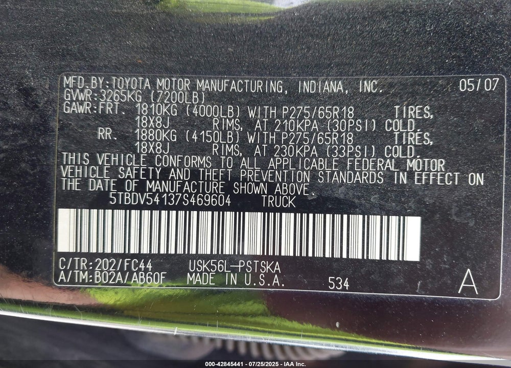 2007 TOYOTA TUNDRA VIN: 5TBDV54137S469604