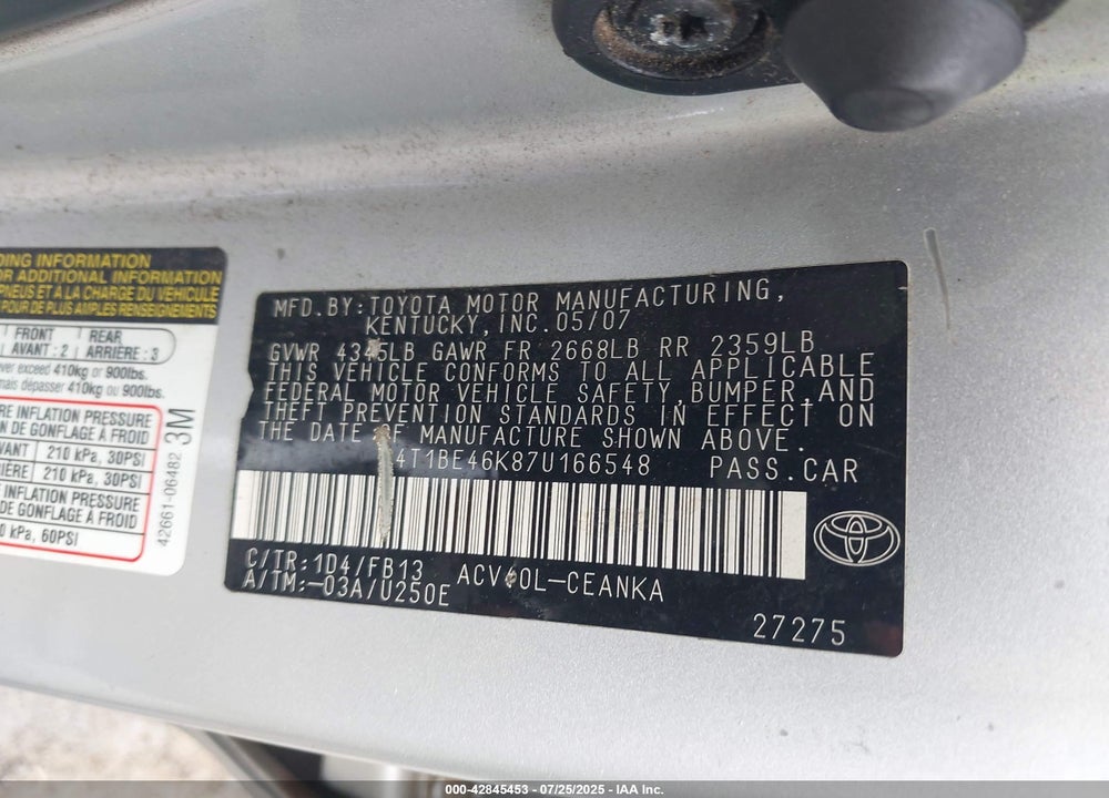 2007 TOYOTA CAMRY LE VIN: 4T1BE46K87U166548