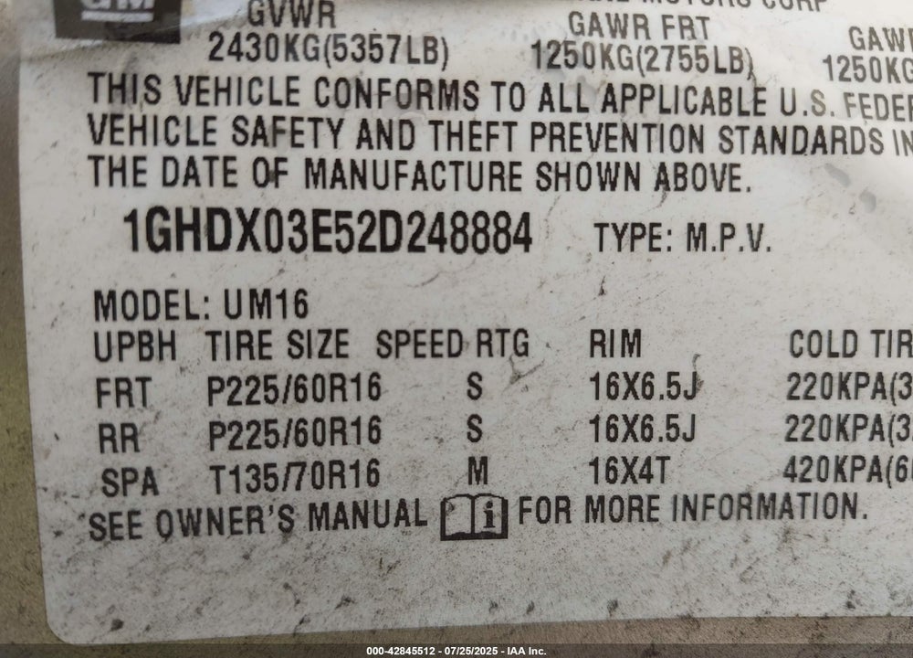 2002 OLDSMOBILE SILHOUETTE VIN: 1GHDX03E52D248884