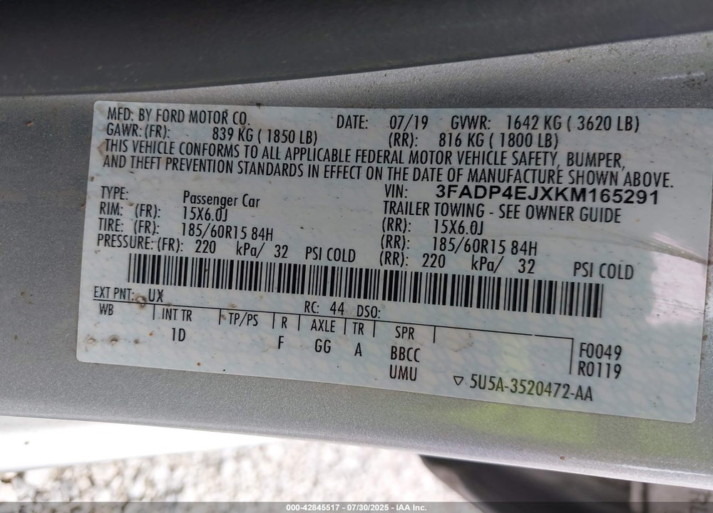 2019 FORD FIESTA VIN: 3FADP4EJXKM165291