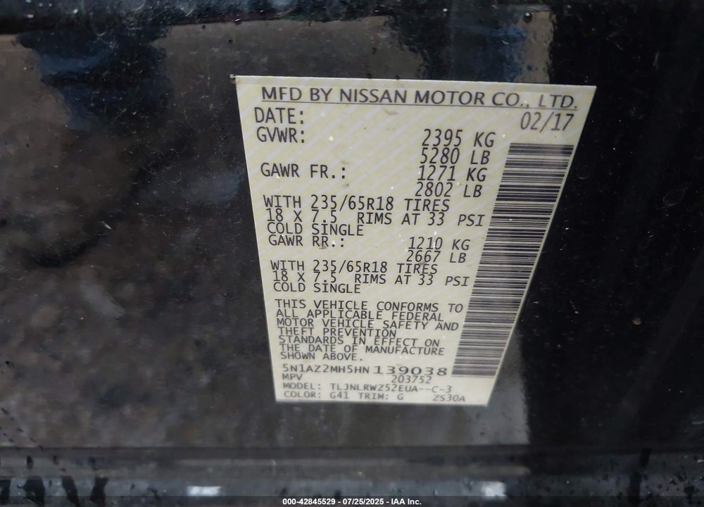2017 NISSAN MURANO VIN: 5N1AZ2MH5HN139038
