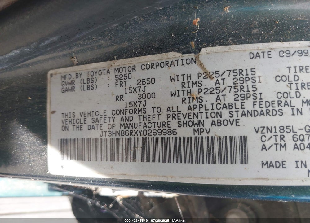 2000 TOYOTA 4RUNNER VIN: JT3HN86RXY0269986