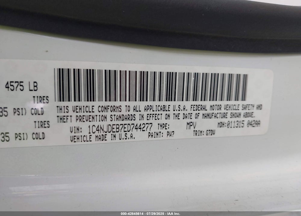 2014 JEEP COMPASS VIN: 1C4NJDEB7ED744277