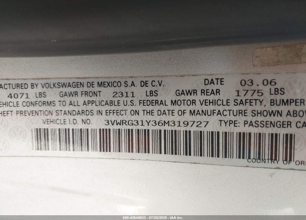2006 VOLKSWAGEN BEETLE VIN: 3VWRG31Y36M319727