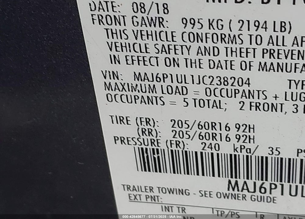 2018 FORD ECOSPORT VIN: MAJ6P1UL1JC238204