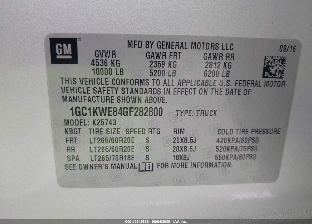 2016 CHEVROLET SILVERADO 2500 VIN: 1GC1KWE84GF282800