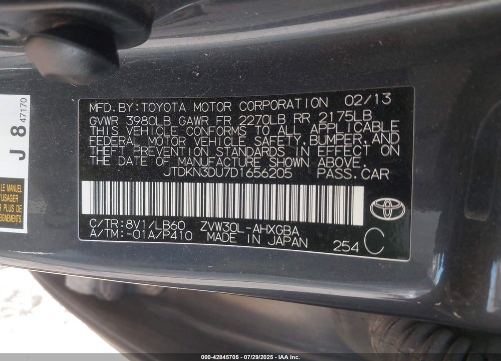 2013 TOYOTA PRIUS VIN: JTDKN3DU7D1656205