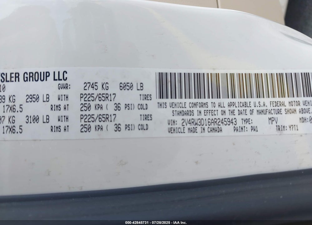 2010 VOLKSWAGEN ROUTAN VIN: 2V4RW3D16AR245943