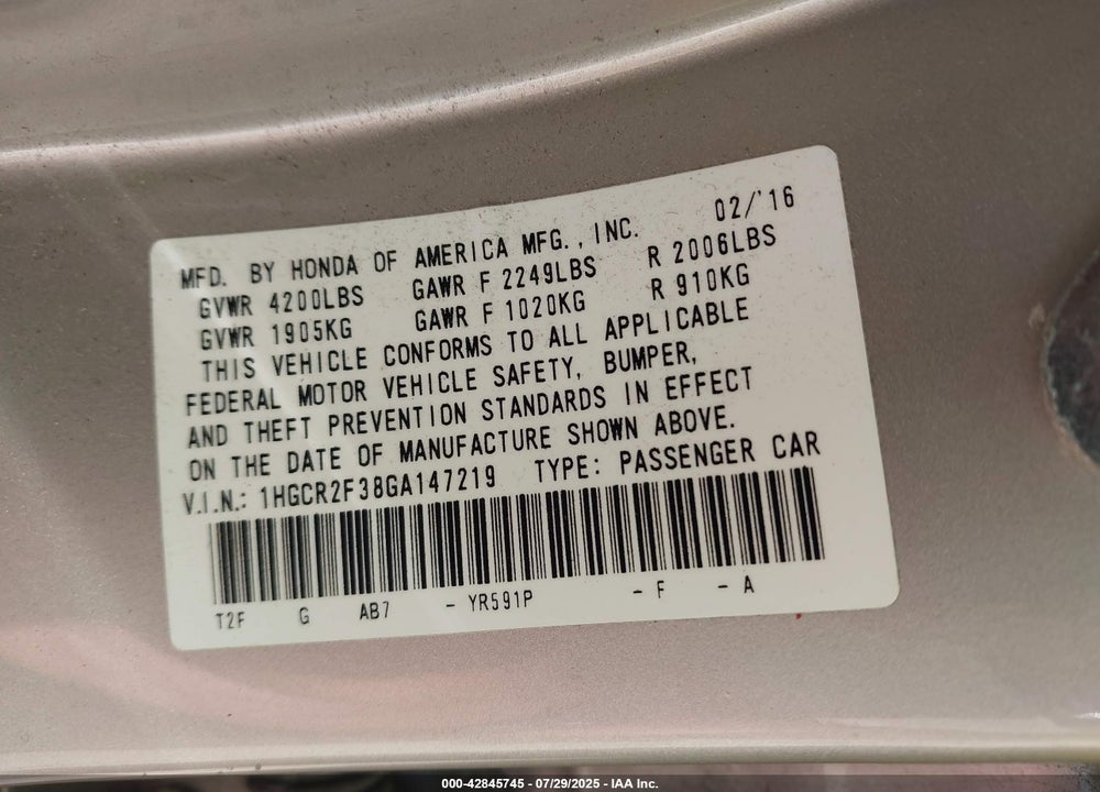 2016 HONDA ACCORD VIN: 1HGCR2F38GA147219