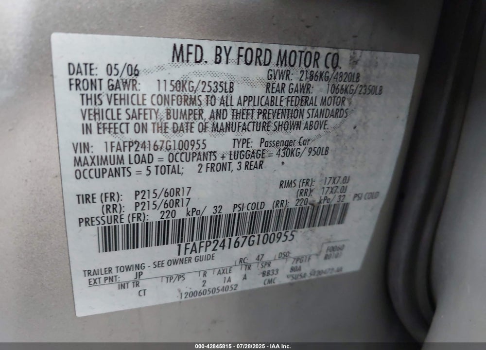 2007 FORD FIVE HUNDRED VIN: 1FAFP24167G100955