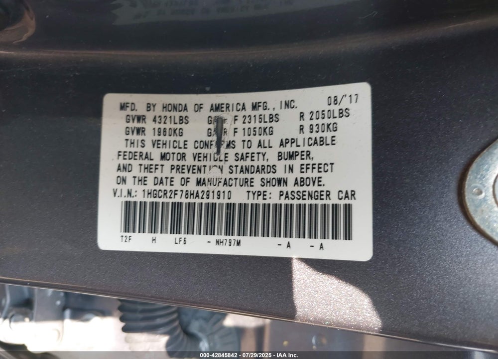 2017 HONDA ACCORD EX VIN: 1HGCR2F78HA291910