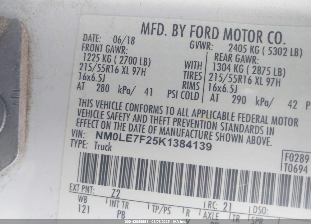 2019 FORD TRANSIT CONNECT XLT VIN: NM0LE7F25K1384139