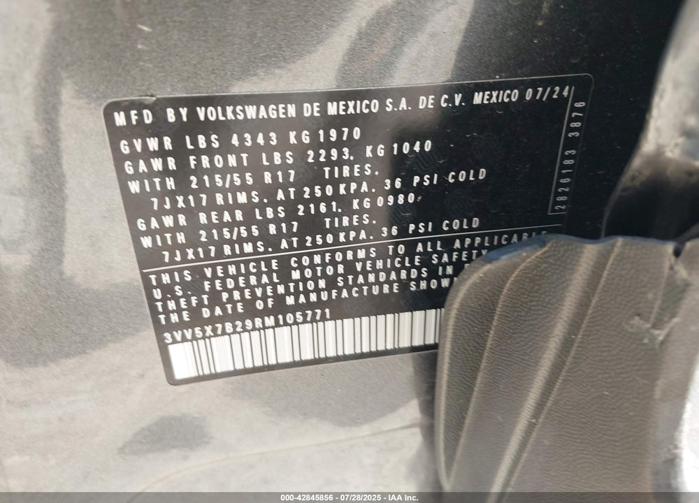 2024 VOLKSWAGEN TAOS VIN: 3VV5X7B29RM105771