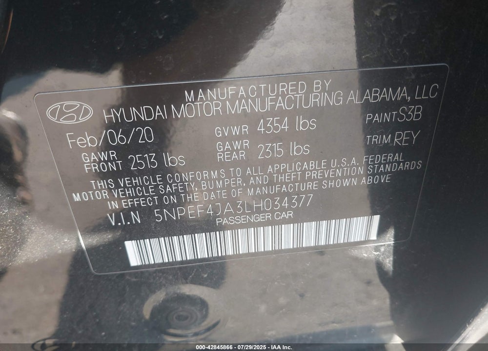 2020 HYUNDAI SONATA VIN: 5NPEF4JA3LH034377