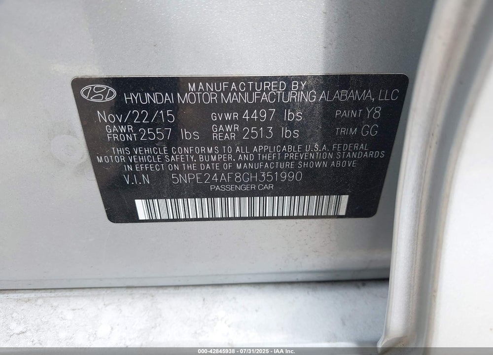 2016 HYUNDAI SONATA VIN: 5NPE24AF8GH351990