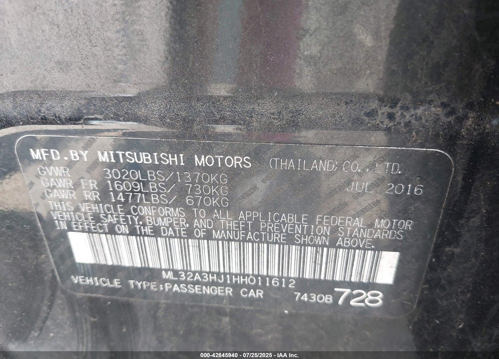 2017 MITSUBISHI MIRAGE VIN: ML32A3HJ1HH011612