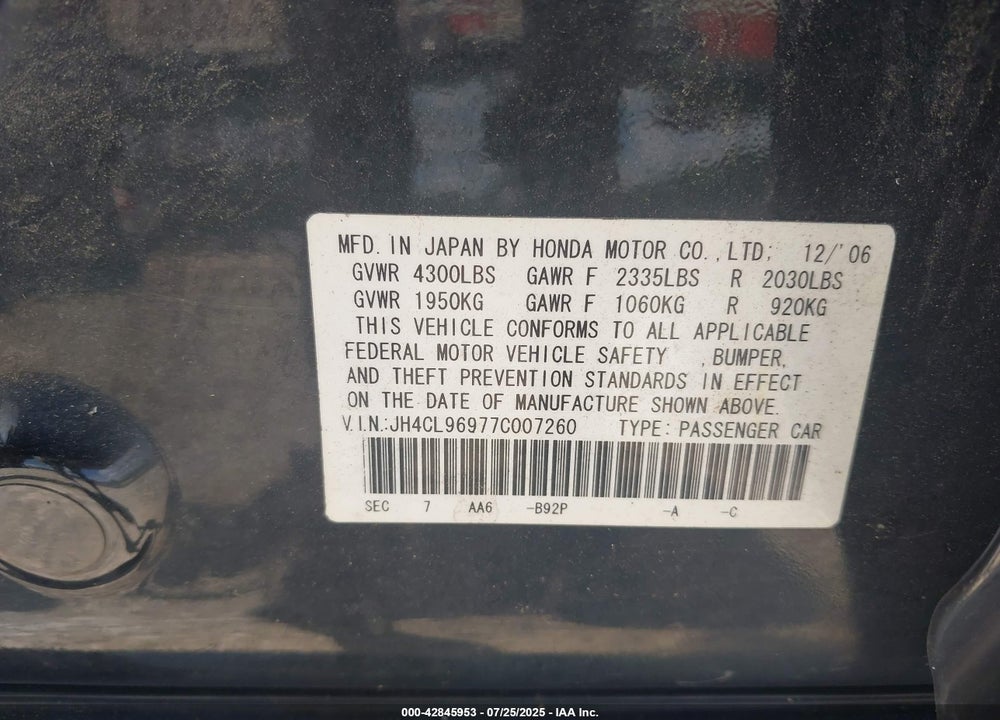 2007 ACURA TSX VIN: JH4CL96977C007260