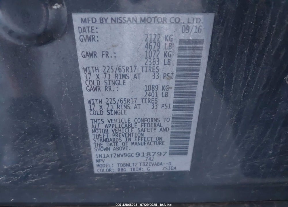 2016 NISSAN ROGUE VIN: 5N1AT2MV9GC918797