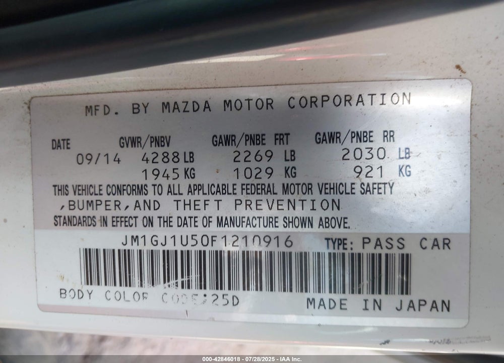 2015 MAZDA 6 VIN: JM1GJ1U50F1210916
