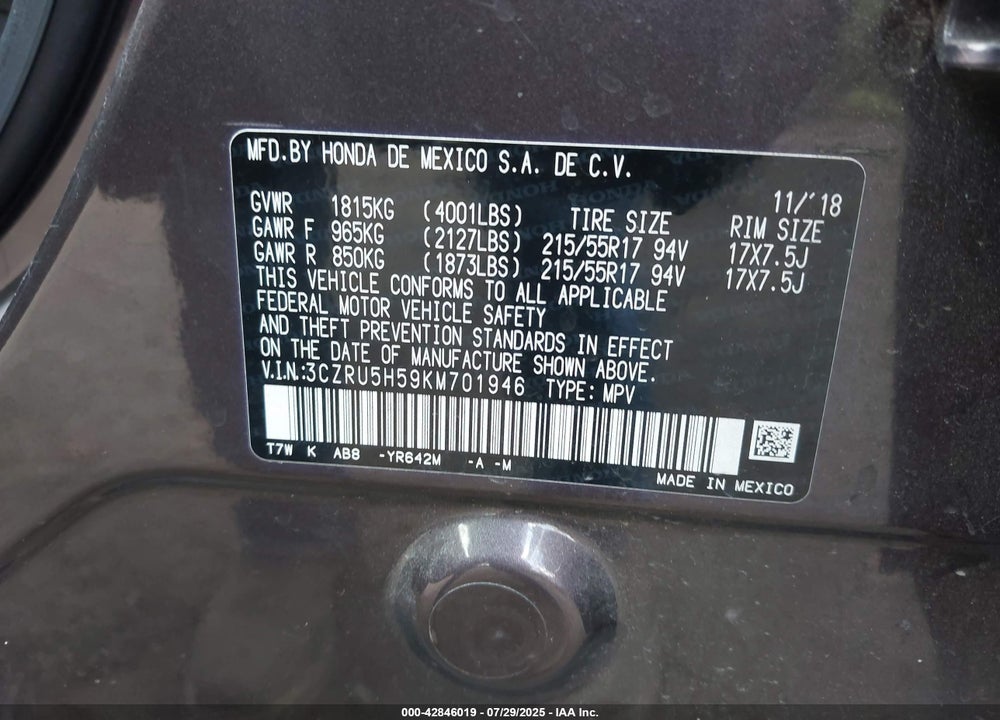 2019 HONDA HR-V VIN: 3CZRU5H59KM701946
