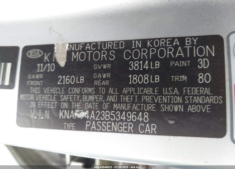 2011 KIA FORTE VIN: KNAFT4A23B5349648