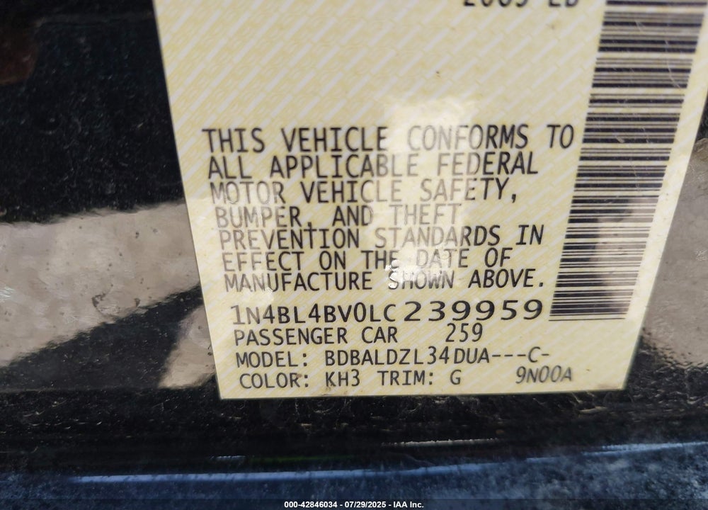 2020 NISSAN ALTIMA VIN: 1N4BL4BV0LC239959