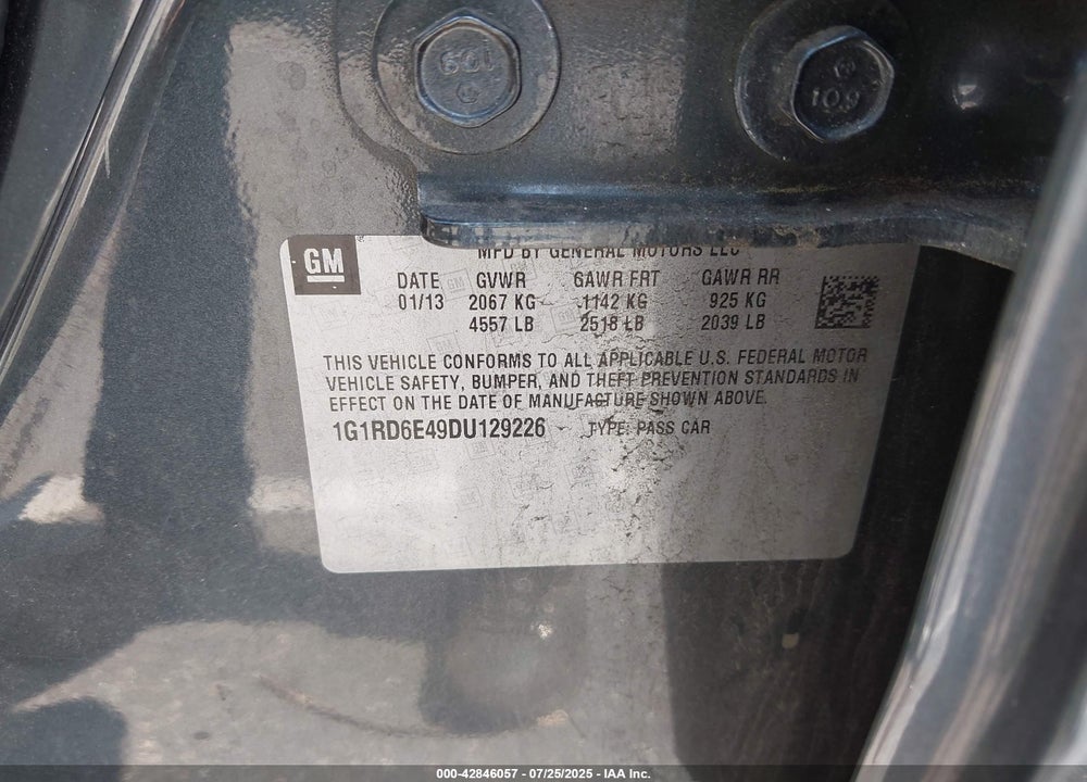 2013 CHEVROLET VOLT VIN: 1G1RD6E49DU129226