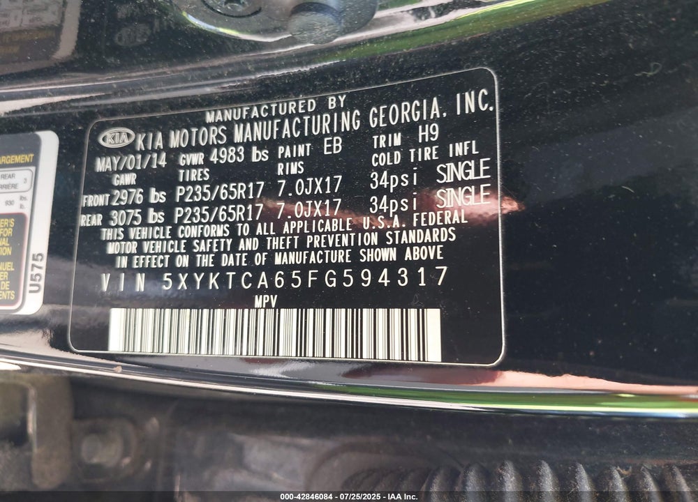 2015 KIA SORENTO VIN: 5XYKTCA65FG594317