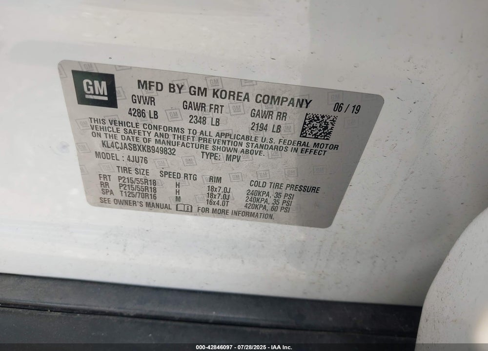 2019 BUICK ENCORE VIN: KL4CJASBXKB949832