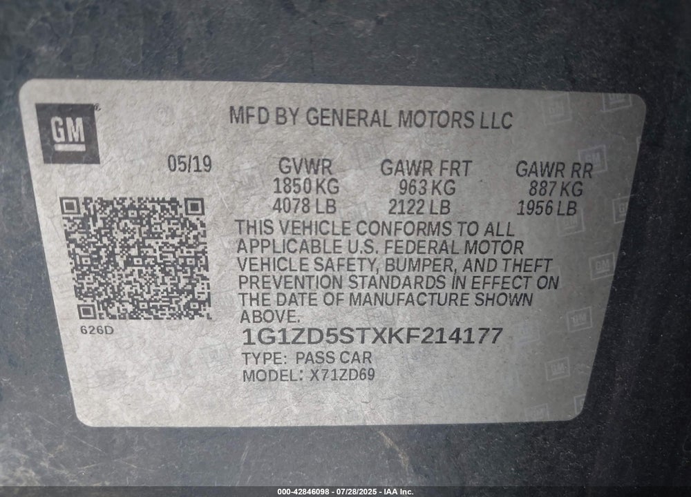 2019 CHEVROLET MALIBU VIN: 1G1ZD5STXKF214177