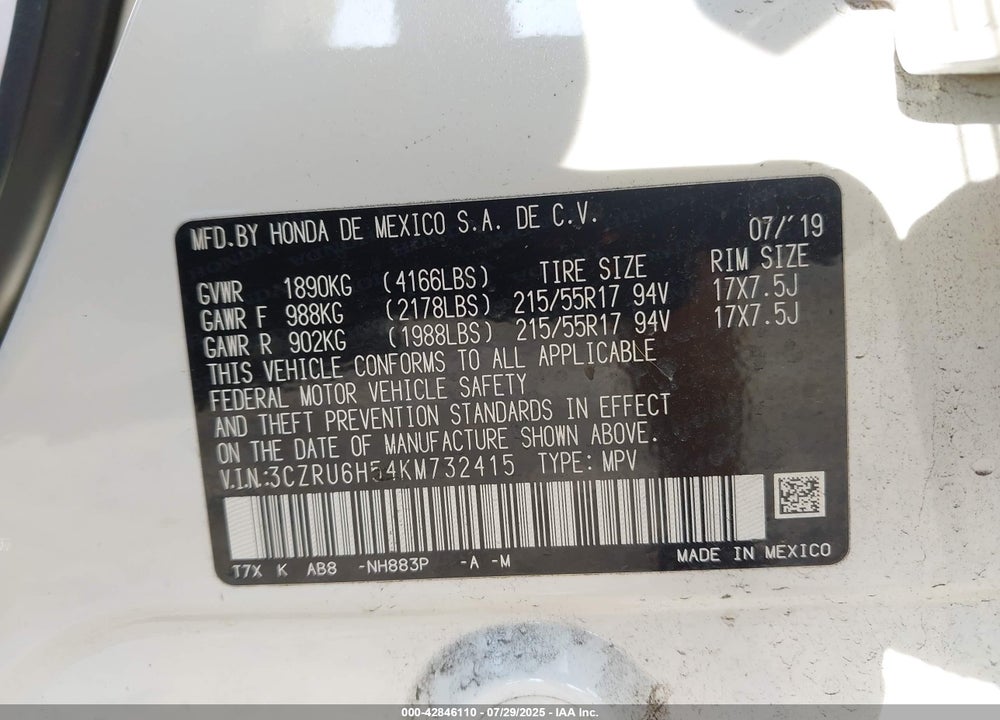 2019 HONDA HR-V VIN: 3CZRU6H54KM732415