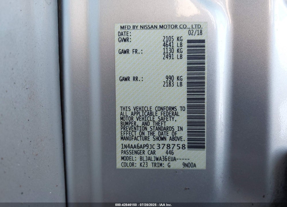 2018 NISSAN MAXIMA VIN: 1N4AA6AP9JC378758