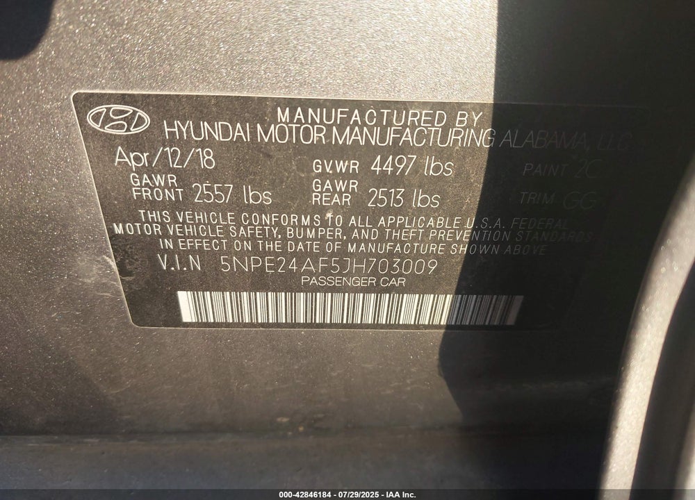 2018 HYUNDAI SONATA SE VIN: 5NPE24AF5JH703009