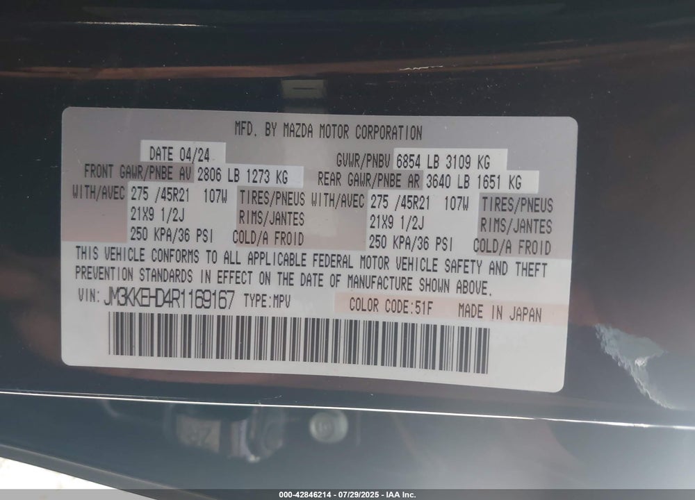 2024 MAZDA CX-90 VIN: JM3KKEHD4R1169167