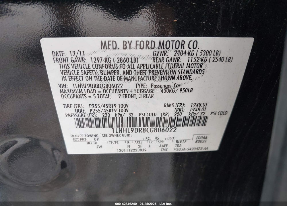 2012 LINCOLN MKS VIN: 1LNHL9DR8CG806022